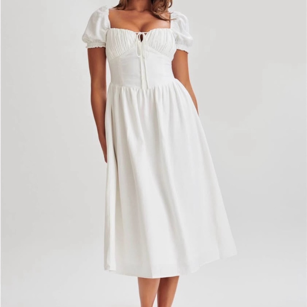 Meshki White Puff Sleeve Midi Dress
